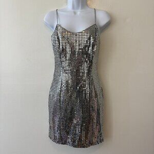 Vintage Y2K LA Glo Silver Sequins Sheath Dress Size 3/4 Disco Ball Party